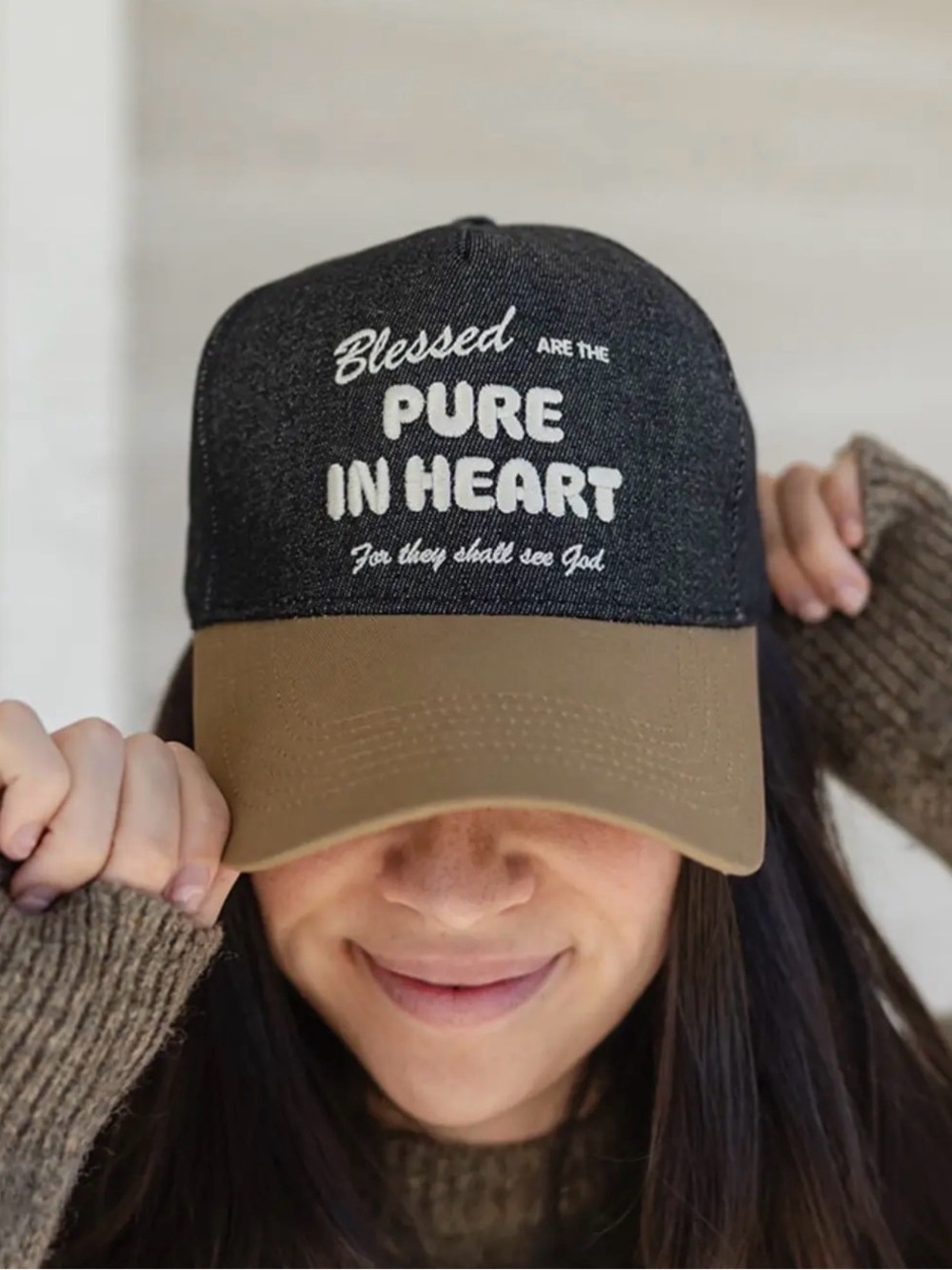 Blessed Pure In Heart Embroidered Trucker Cap - Black & Brown